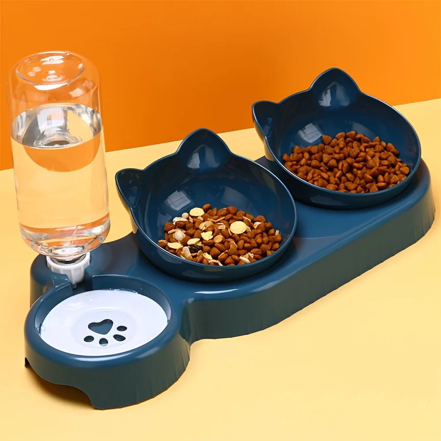 3 In 1 Ear Design Tilted Cat Water & Bowl Set