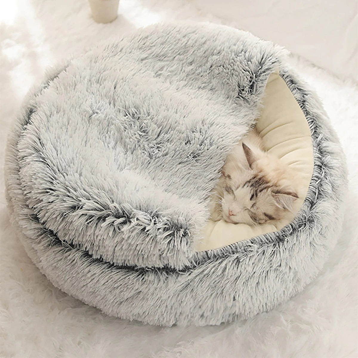 Fluffy Hooded Round Cat Bed