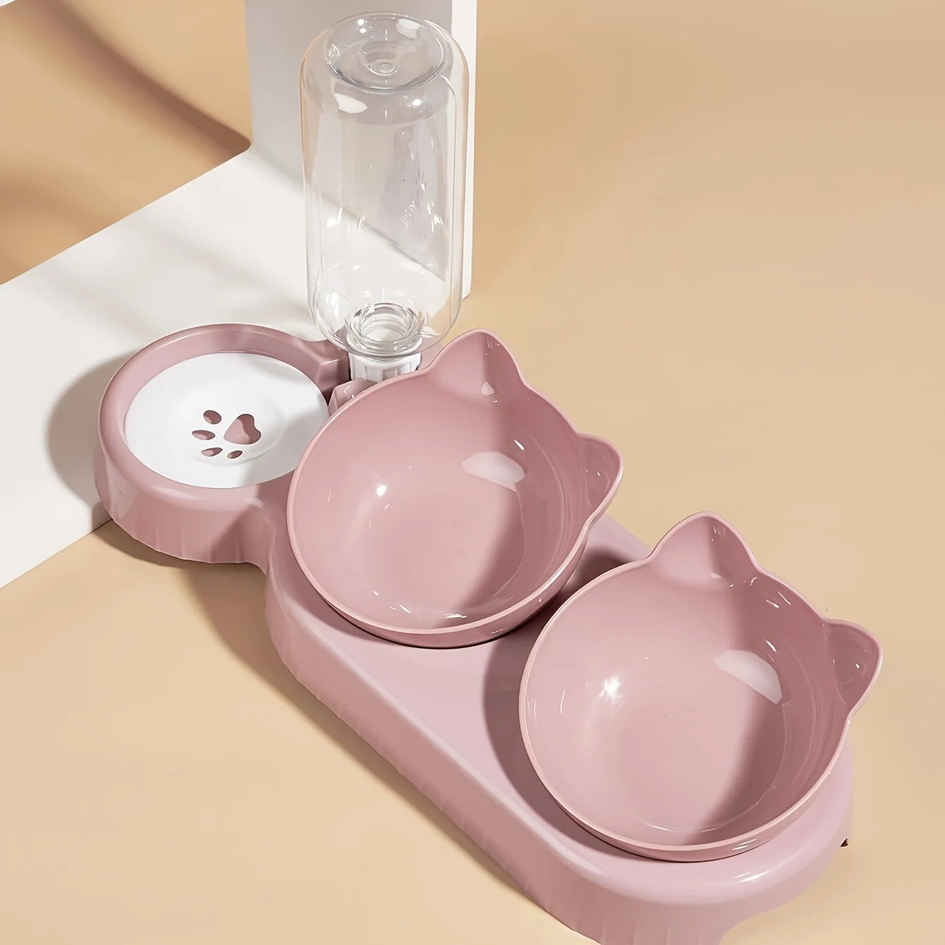 3 In 1 Ear Design Tilted Cat Water & Bowl Set