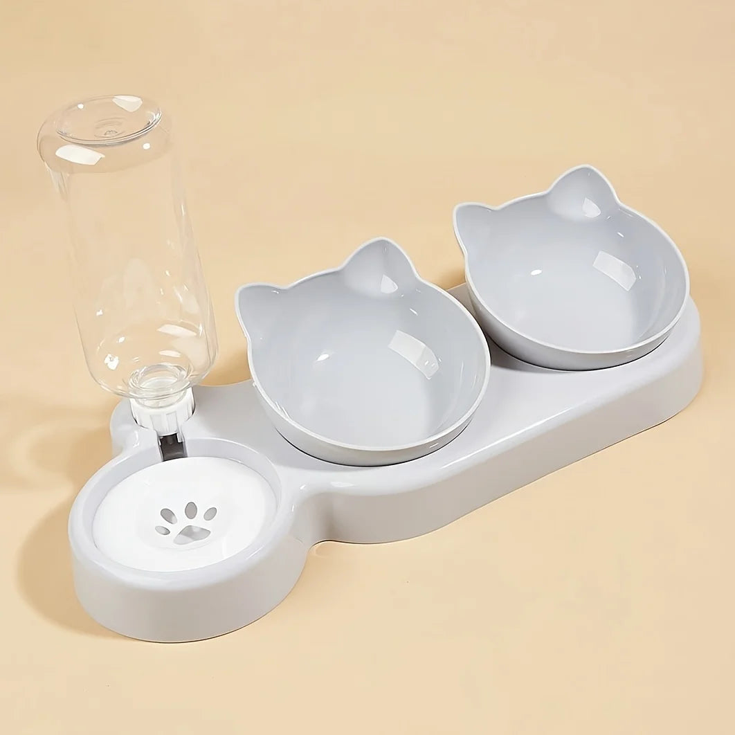 3 In 1 Ear Design Tilted Cat Water & Bowl Set