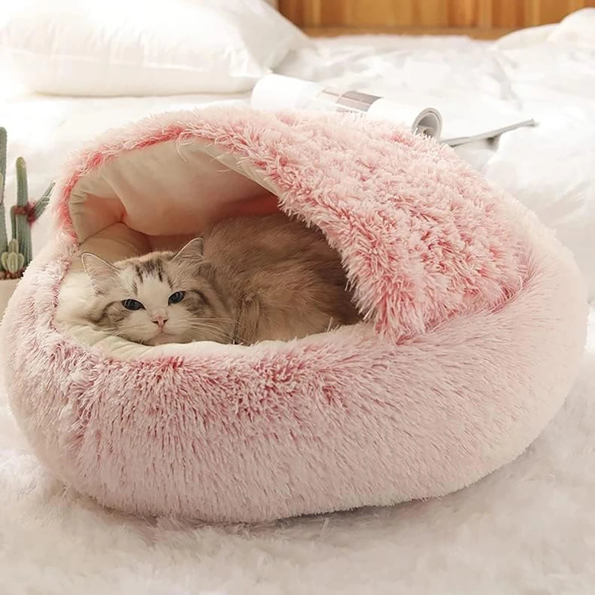 Fluffy Hooded Round Cat Bed