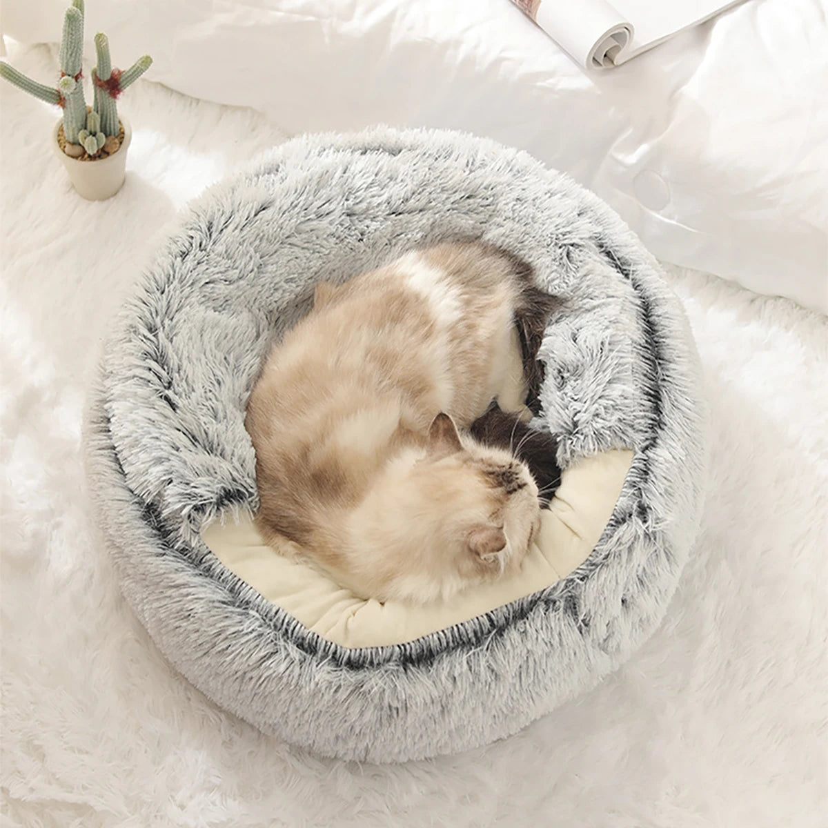 Fluffy Hooded Round Cat Bed