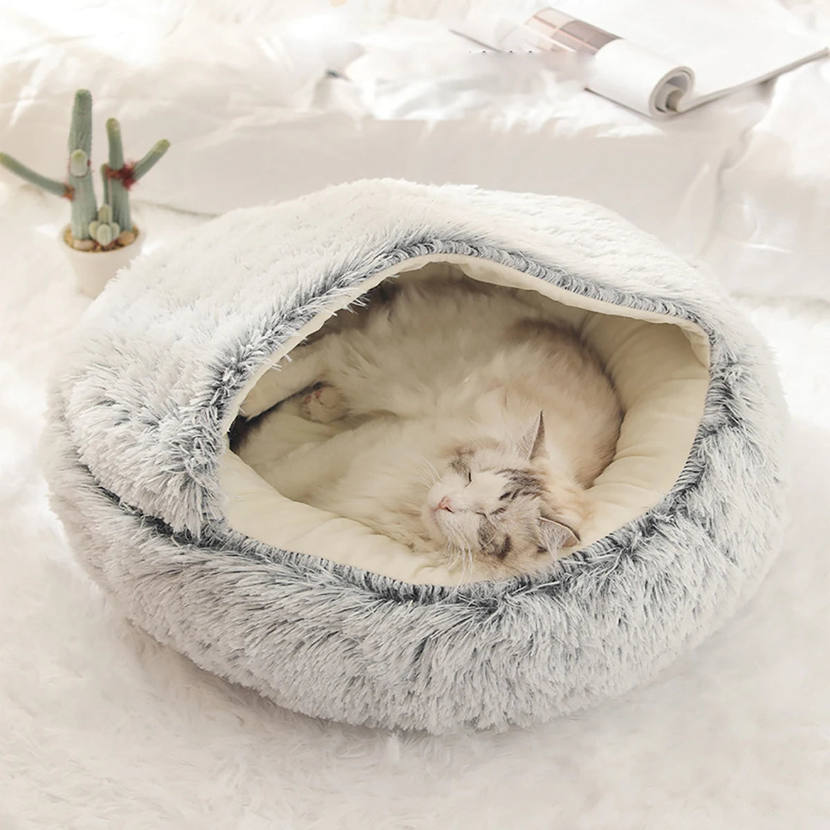 Fluffy Hooded Round Cat Bed