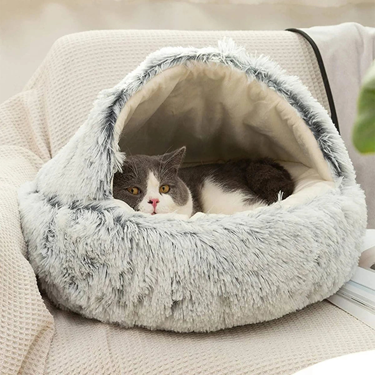 Fluffy Hooded Round Cat Bed